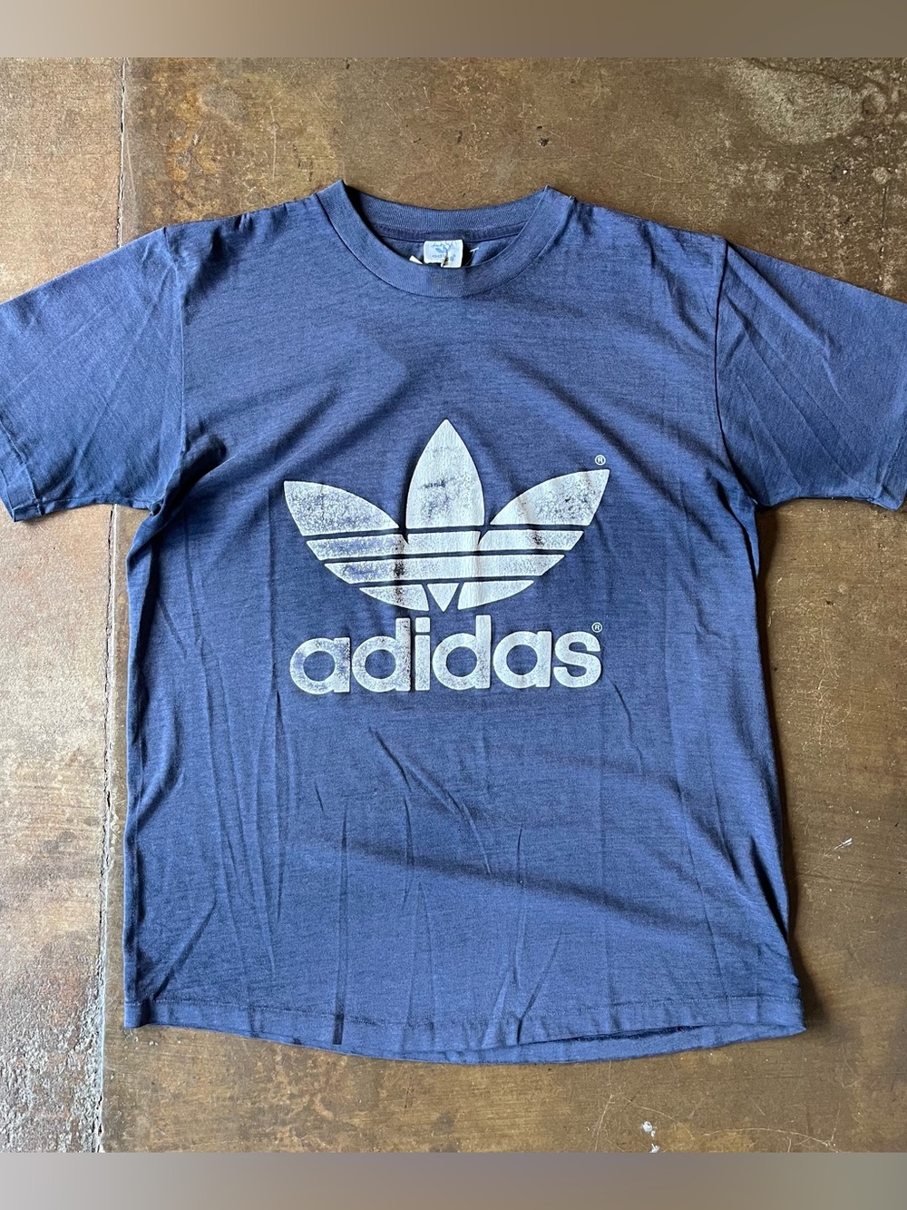 Vintage 1980s Adidas Trifold Logo Double Sided Paper Thin Navy Blue Tee Large L